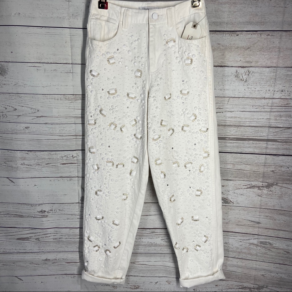 Guess Sabrina White Embellished Cropped Jeans Size 24, 30